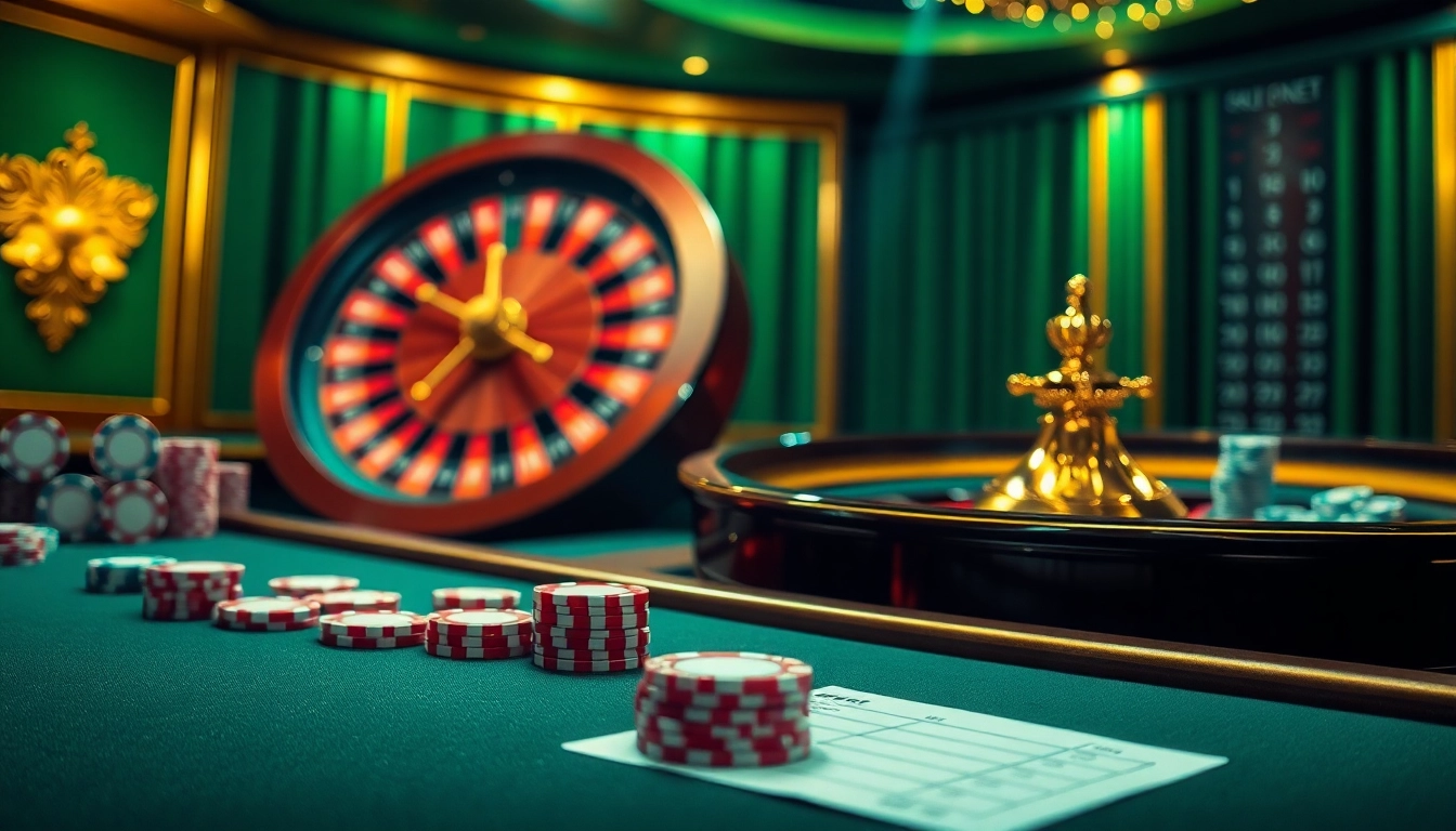 Sbobet online betting scene featuring vibrant roulette and poker elements