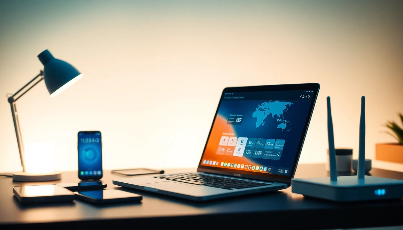 快连下载 interface displayed on a modern laptop in a professional home office setup.