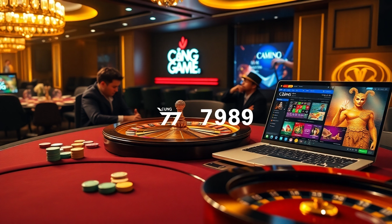 Cổng Game 789club showcased in a vibrant casino scene with poker tables, roulette wheels, and an elegant online gaming interface.