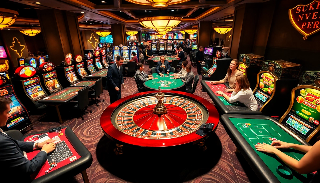 Gamblers enjoying an exciting game at a casino featuring nohu-themed decor with vibrant tables and engaging ambiance.