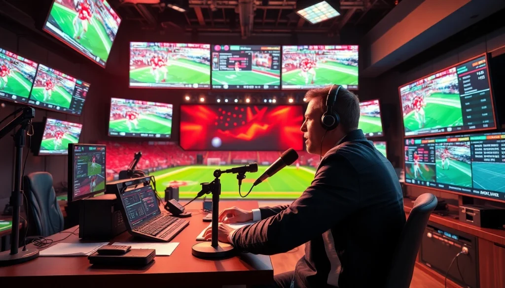 Announcer covering live Sports Broadcasting event in a professional studio setup.