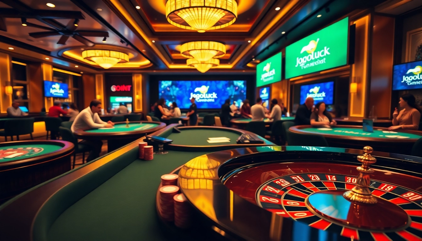 Jogoluck casino scene showcasing high-stakes poker, roulette, and mobile betting excitement.