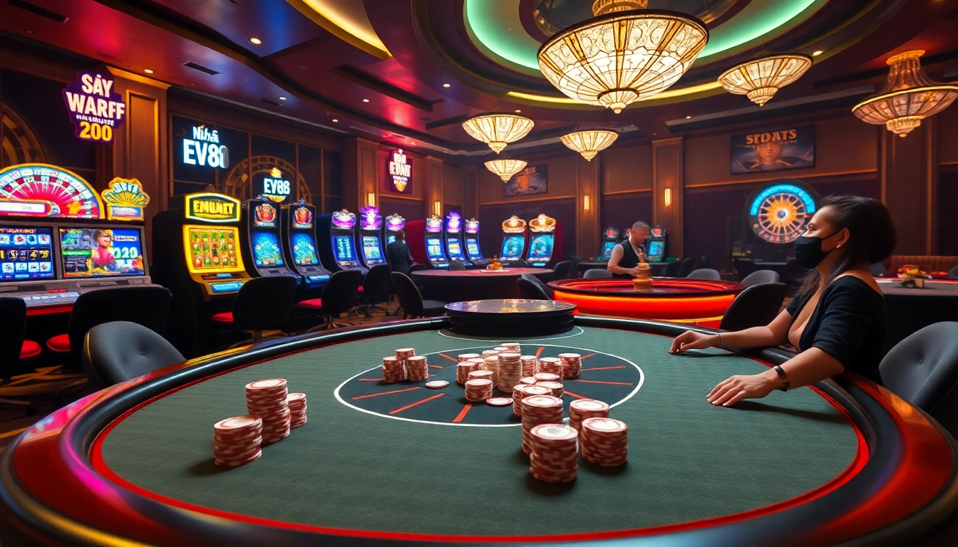 Engaging scene of players at Nhà cái EV88 poker table with vibrant casino elements.