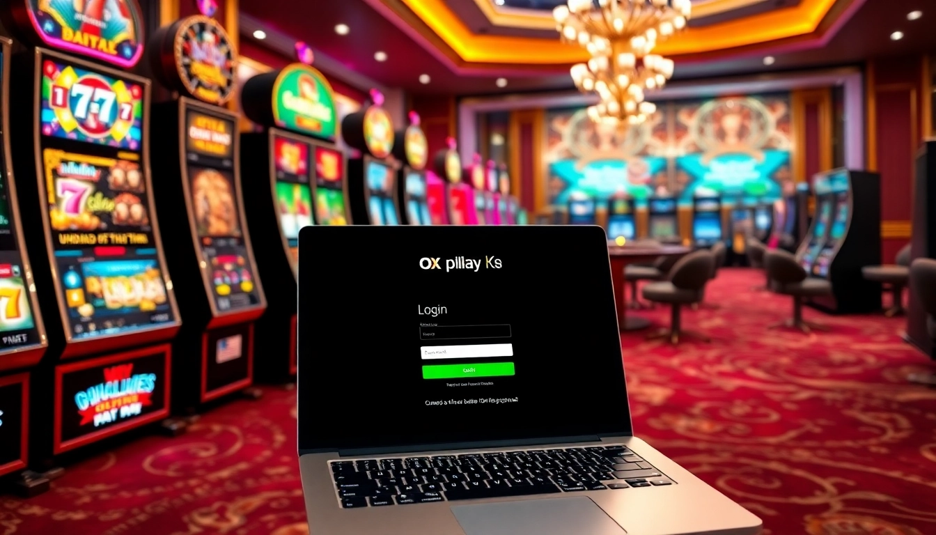 Experience the excitement of oxplay login with a colorful casino scene filled with slot machines and online gaming elements.