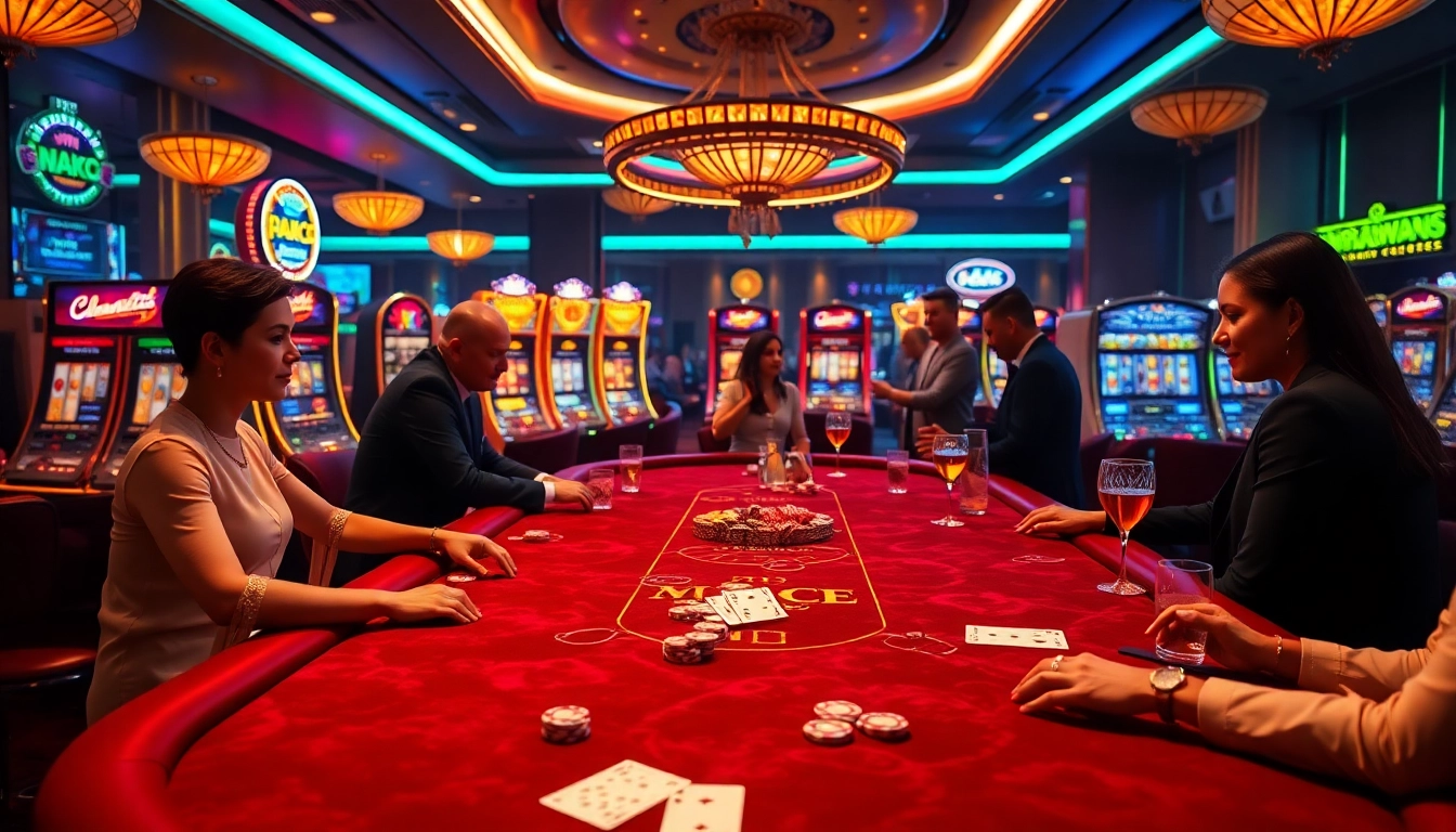 Players enjoying the k9k9 game at an upscale casino with glowing slot machines.