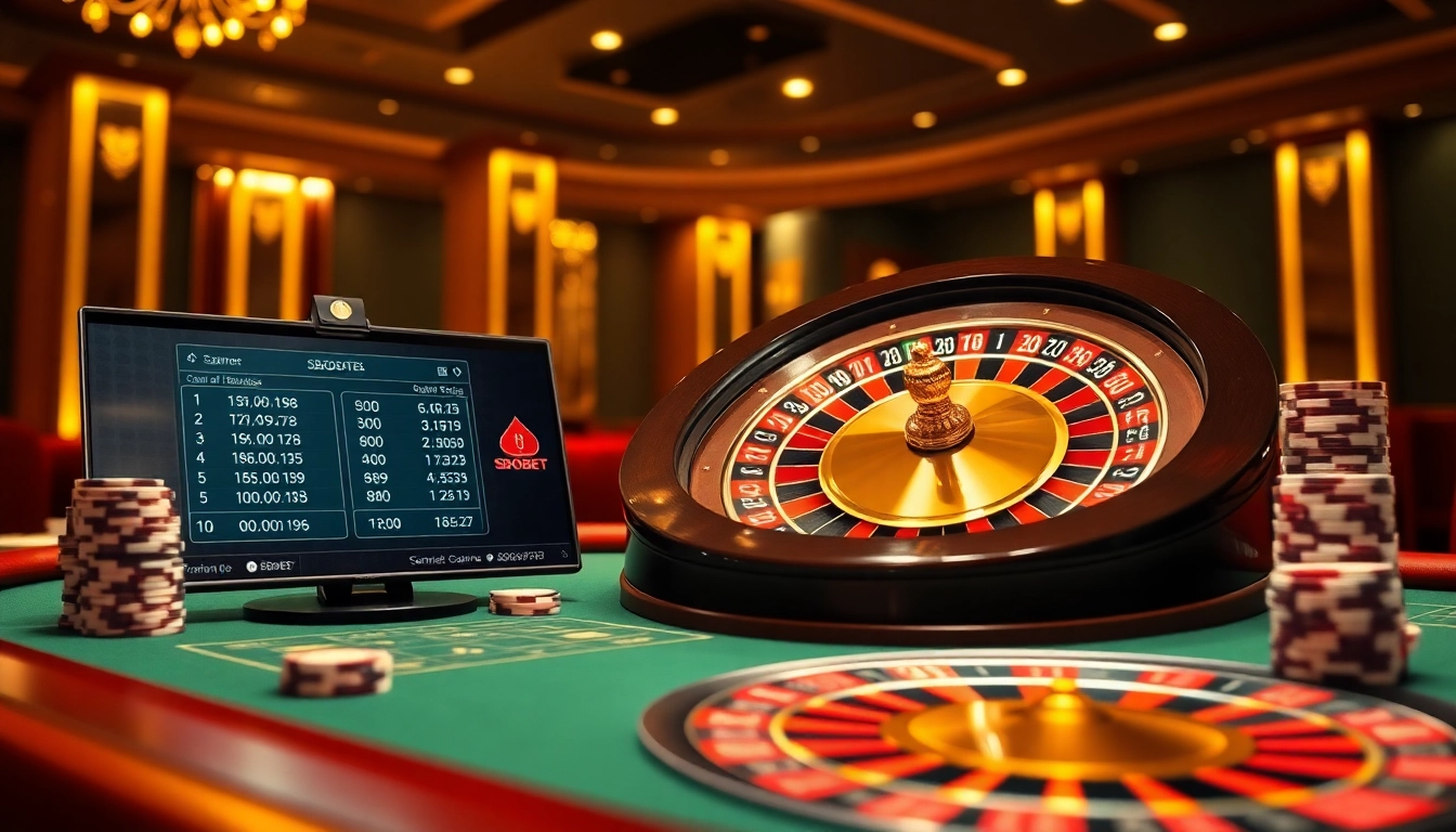 SBOBET login terbaru digital interface highlights intense online betting experience with poker chips and roulette wheel.