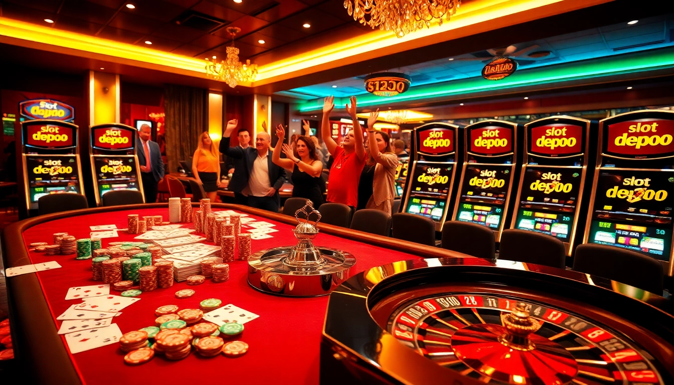 Experience the thrill of slot depo 1000 with vibrant casino gaming elements and celebratory players.