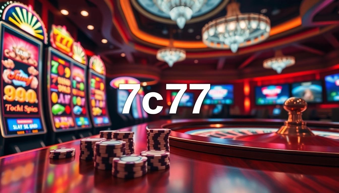 Excitement of online gambling showcased with 7c77 at the forefront of a luxurious casino scene.