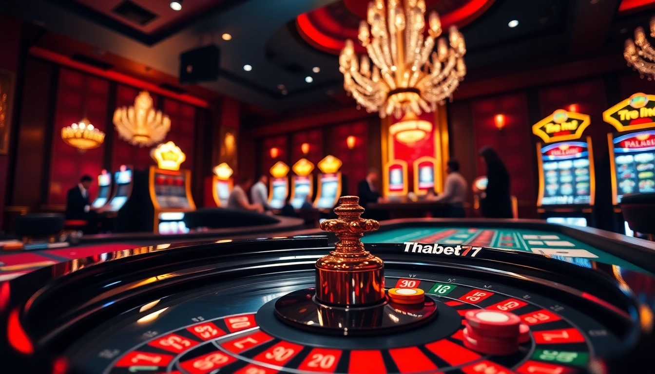 Experience thrilling gameplay at Thabet77's vibrant online casino with exciting roulette and blackjack scenes.