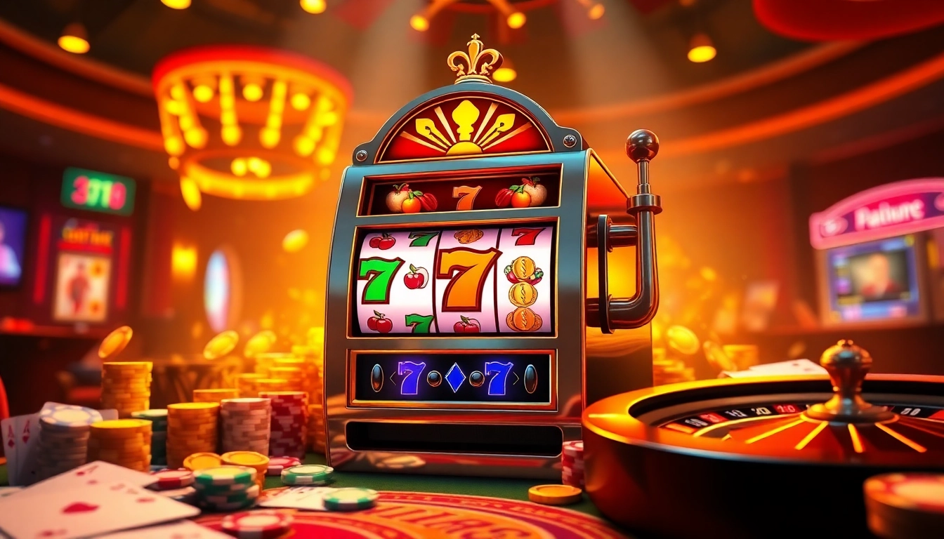 Engage with a vibrant 2D slot machine surrounded by casino elements for an exciting gaming experience.