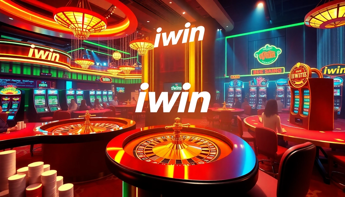 Iwin gaming scene featuring players at a roulette wheel and slot machines, showcasing a luxurious casino atmosphere.