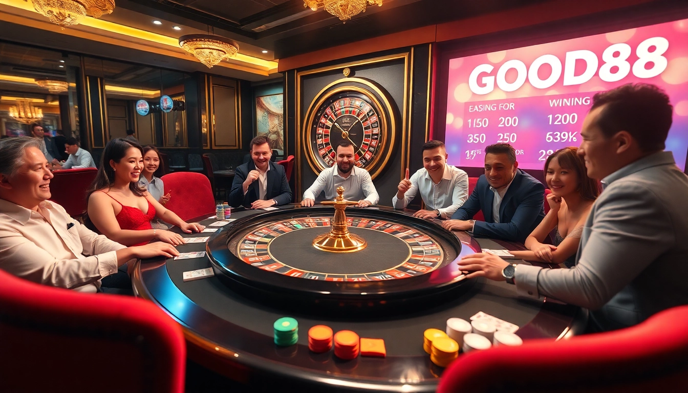 Players enjoying a vibrant casino experience at GOOD88, featuring colorful chips and a spinning roulette wheel.