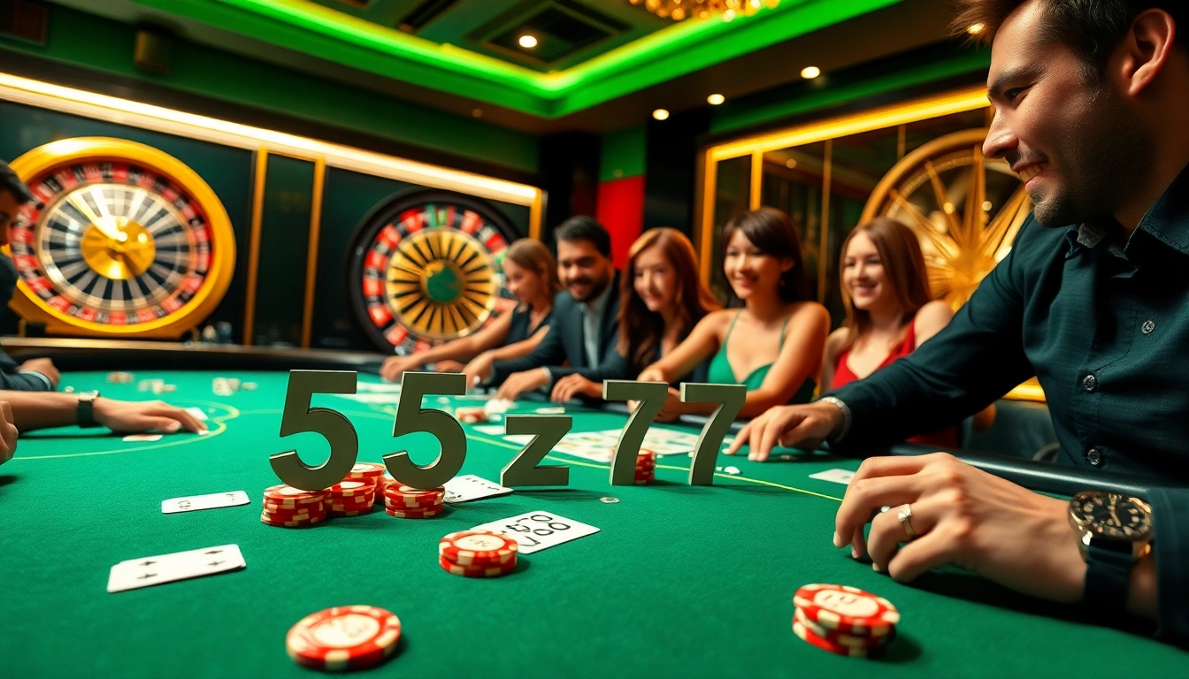 Players strategize with poker chips and cards at a thrilling 5z777 casino table.