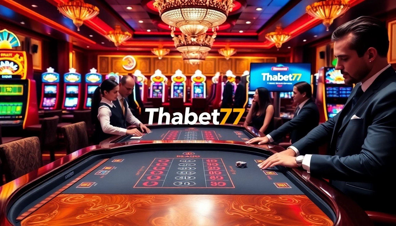 Players engaging in a thrilling game at Thabet77 casino, showcasing professional dealers and vibrant atmosphere.