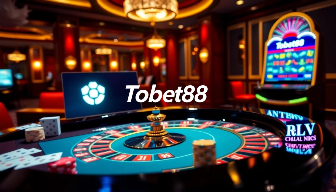 Experience excitement at nhà cái tobet88 with a glamorous online casino scene featuring roulette and poker.