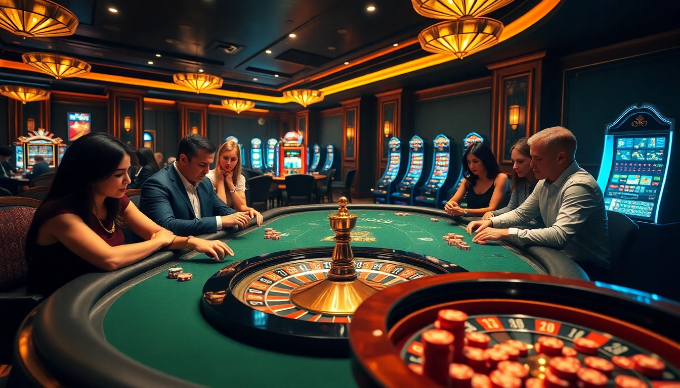 Immigration lawyer Melbourne advising players in a vibrant casino setting filled with poker chips and a roulette wheel.