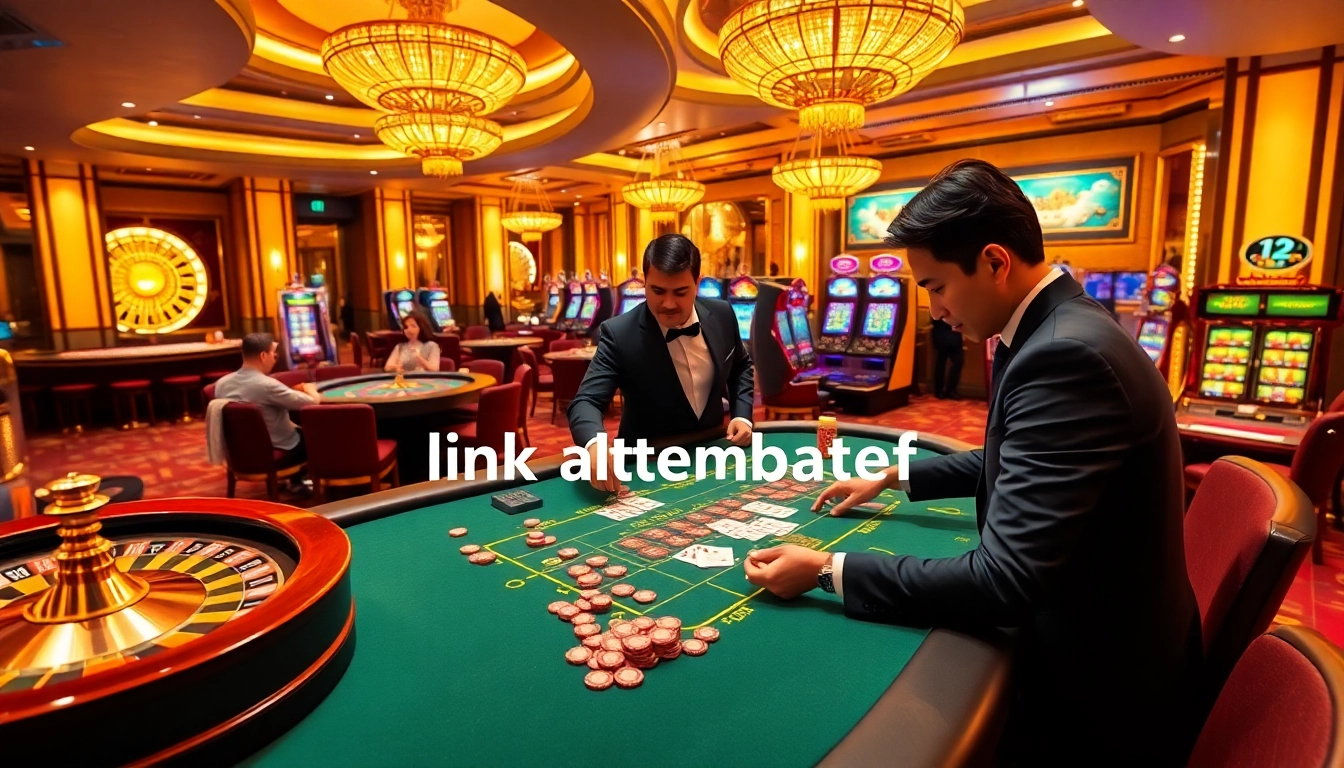 Engaged players betting at a luxurious casino, showcasing link alternatif sbobet in a vibrant digital interface.