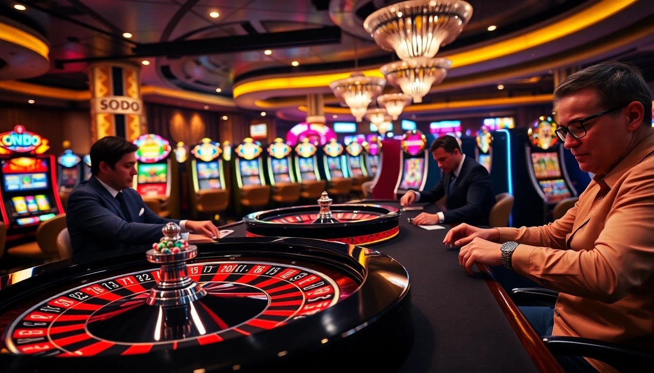 SODO Casino gaming table featuring roulette wheels and vibrant poker chips in a luxurious atmosphere.