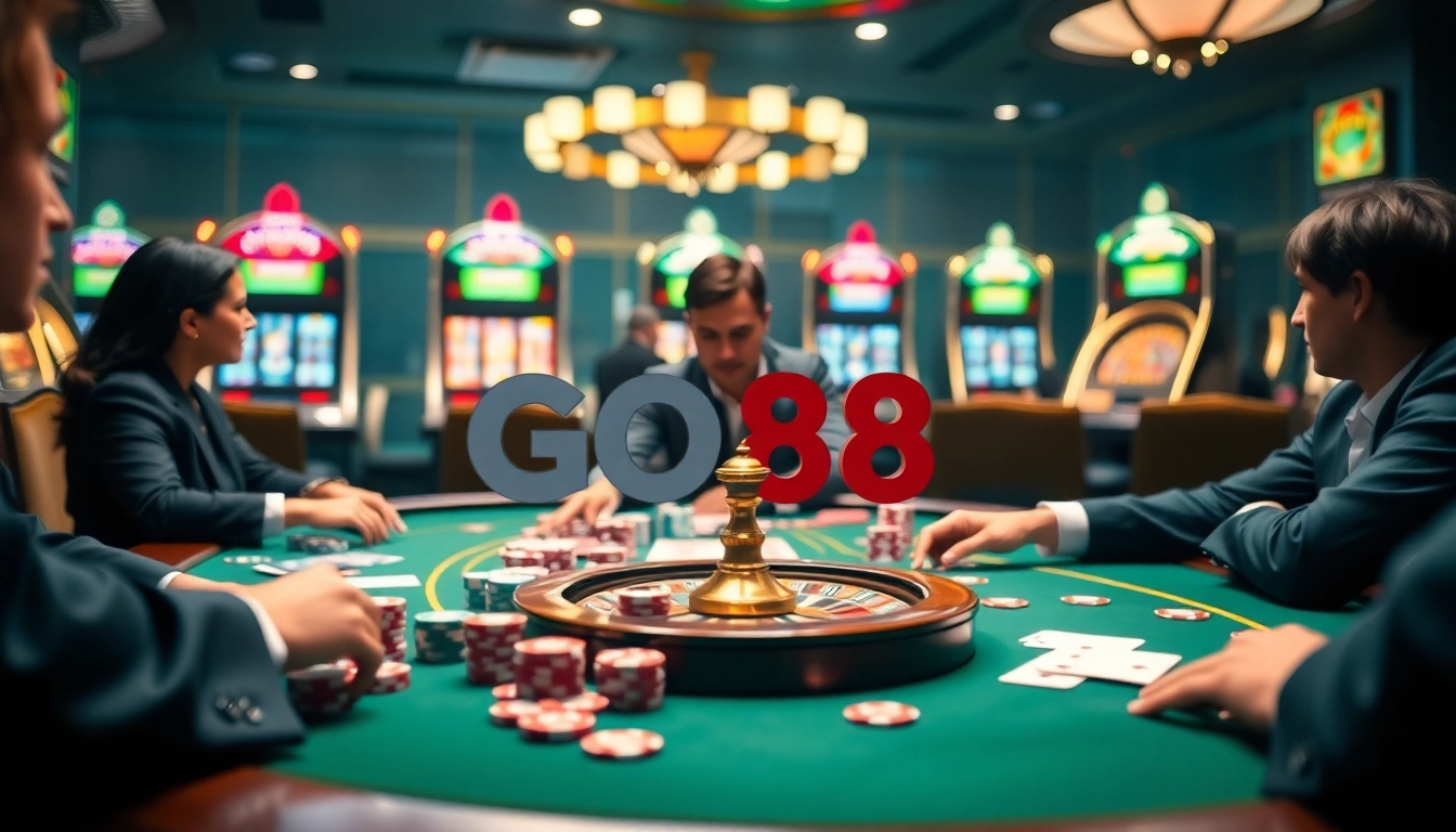 Engaging scene at a GO88 casino table showcasing vibrant poker action and spinning roulette.