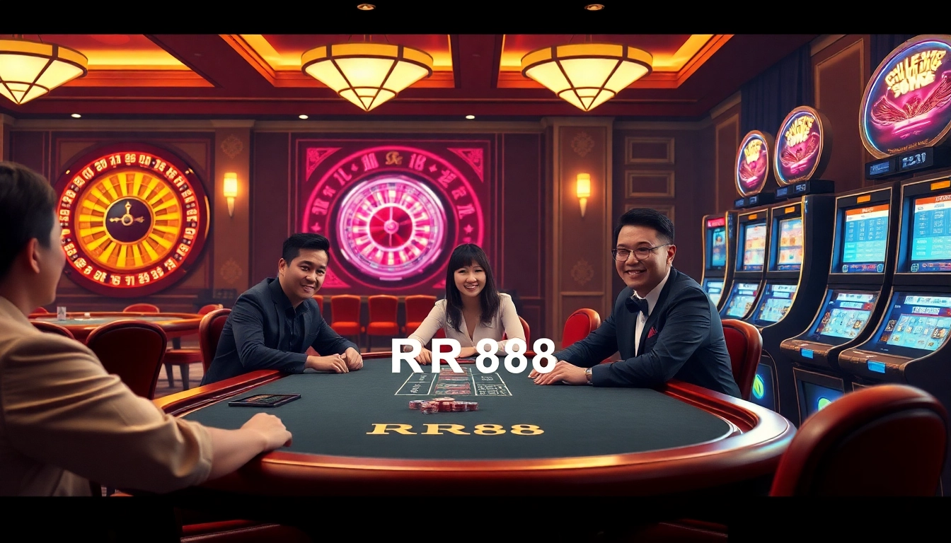 Players engaging in intense poker action at RR88's stylish casino table.