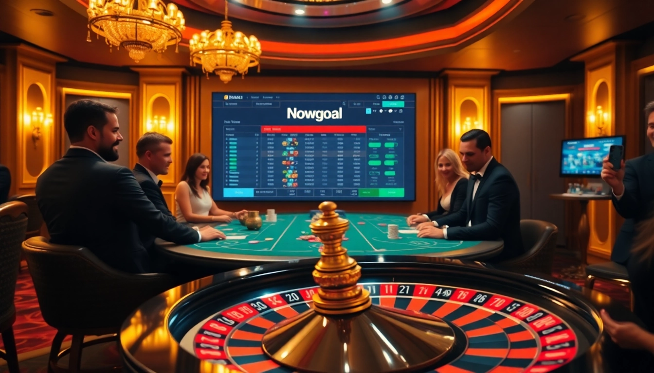 Nowgoal online betting interface showcased in a lively casino with enthusiastic gamblers at the poker table.