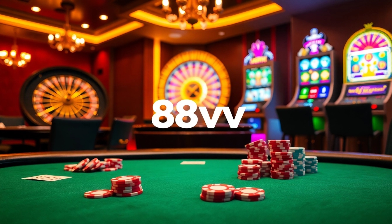 Excited players enjoying an upscale gambling experience at 88vv casino tables with vibrant slot machines in view.