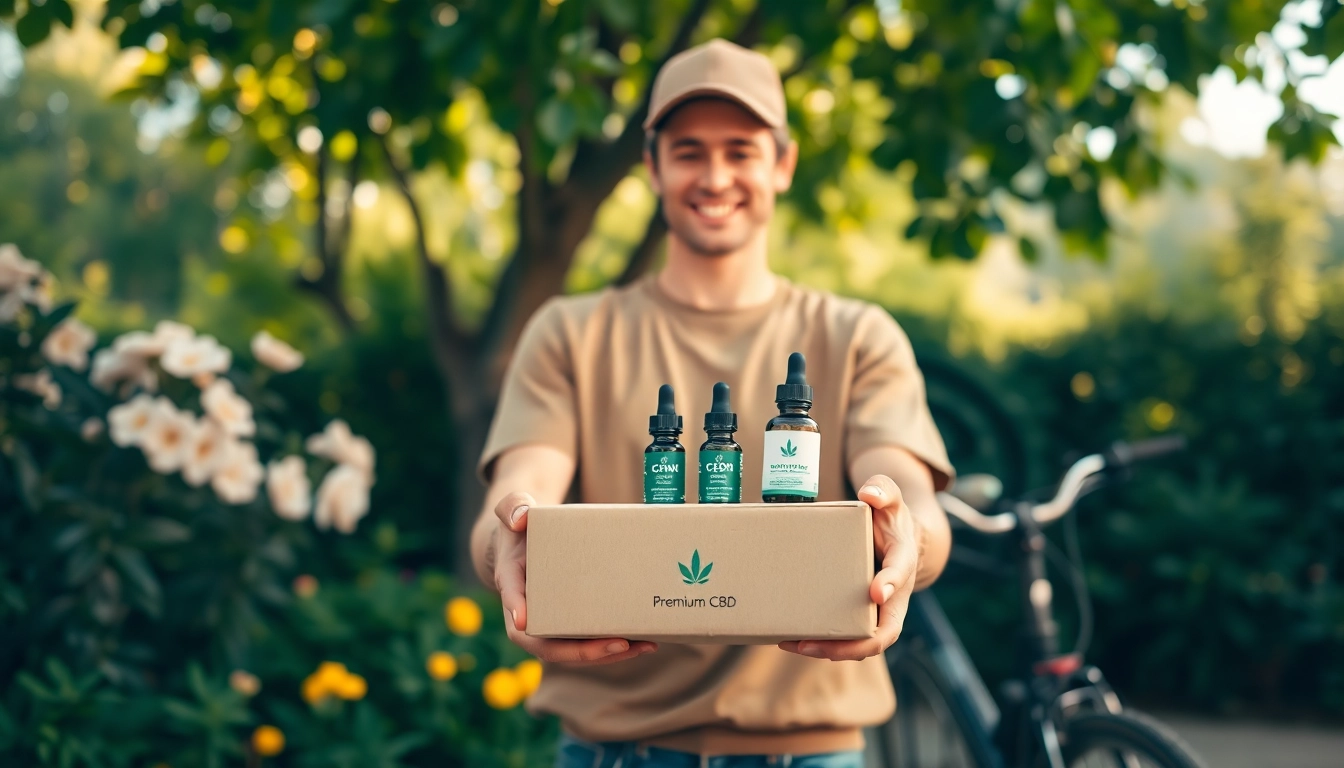 Capture of fort lauderdale weed delivery showcasing a delivery person with premium CBD products in a serene garden.