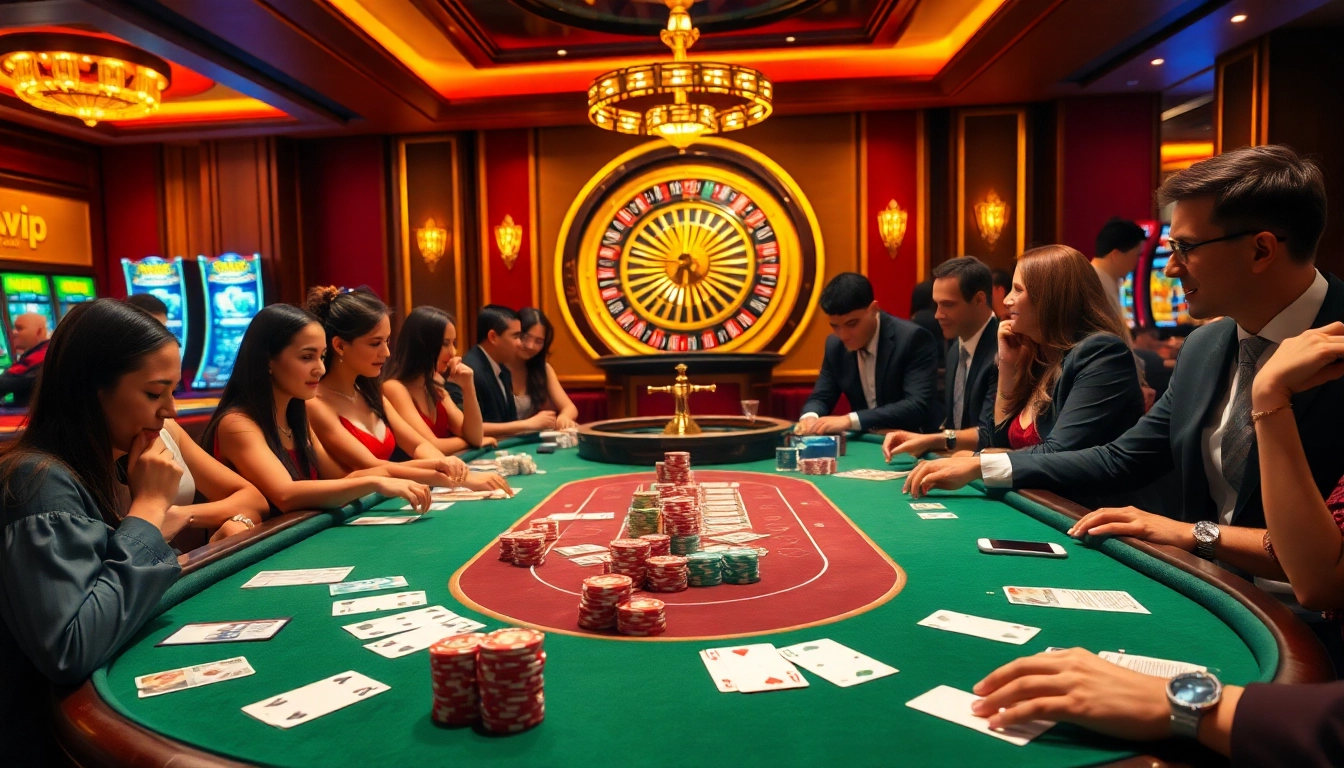 Players enjoying a thrilling poker game at Bayvip's luxurious casino table.