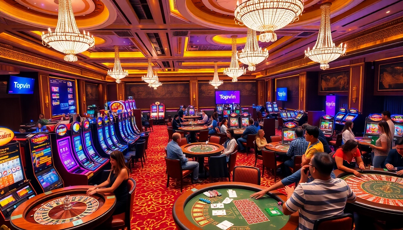 Topvin casino players enjoying thrilling games on an upscale gaming floor.