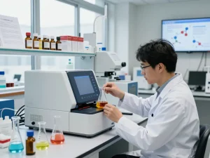 Cannabinoid manufacturer Europe lab scene with scientist analyzing high-quality extracts and advanced equipment.