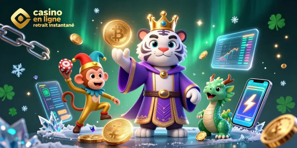 Rejoignez l'excitation d'un casino en ligne avec retrait instantané et des personnages 3D animés ainsi que des symboles de crypto.
