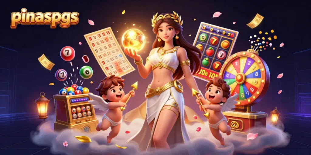 Experience thrilling gameplay at pinaspgs, showcasing a goddess with lucky symbols and vibrant lottery elements.