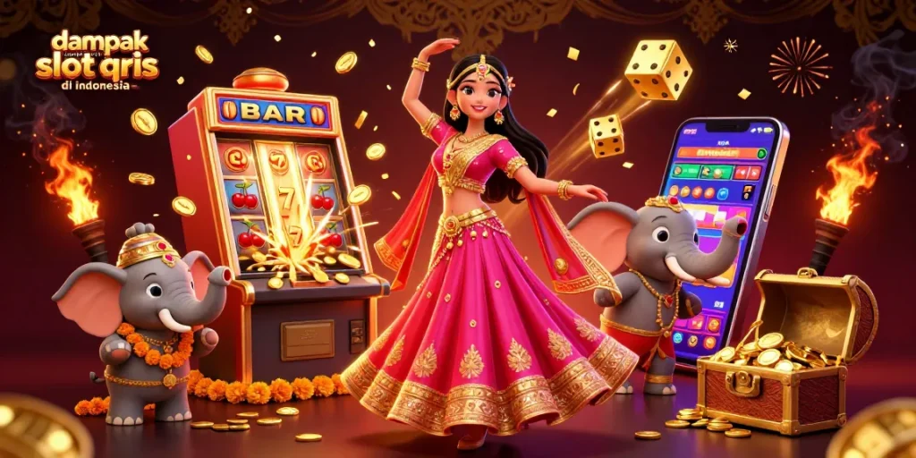 Dive into the dampak negatif slot qris di indonesia with colorful 3D casino illustrations showcasing gaming excitement and risks.