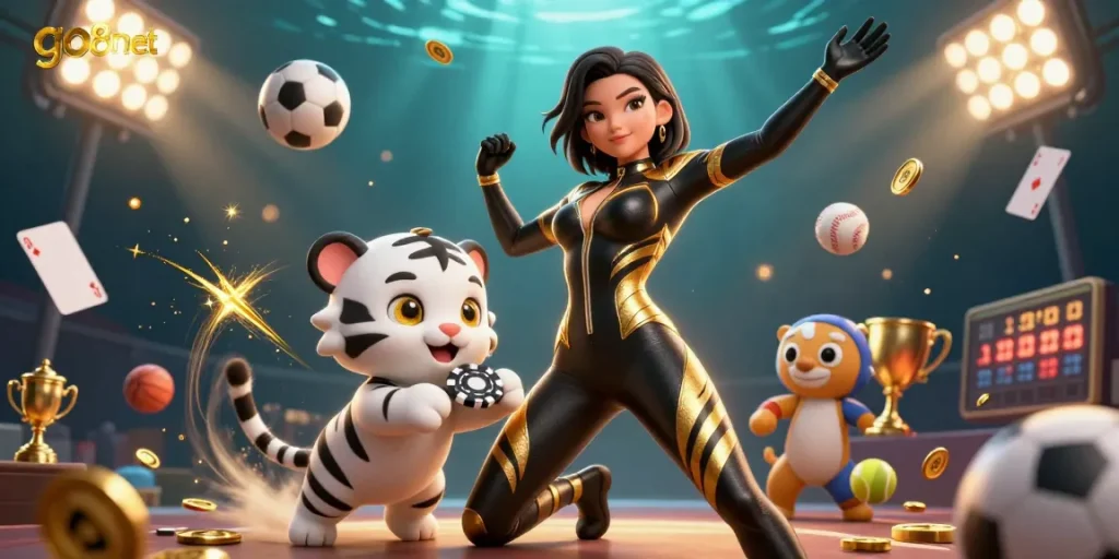 Experience thrilling gaming at go8net with an acrobatic woman and tiger playing poker amid vibrant casino elements.