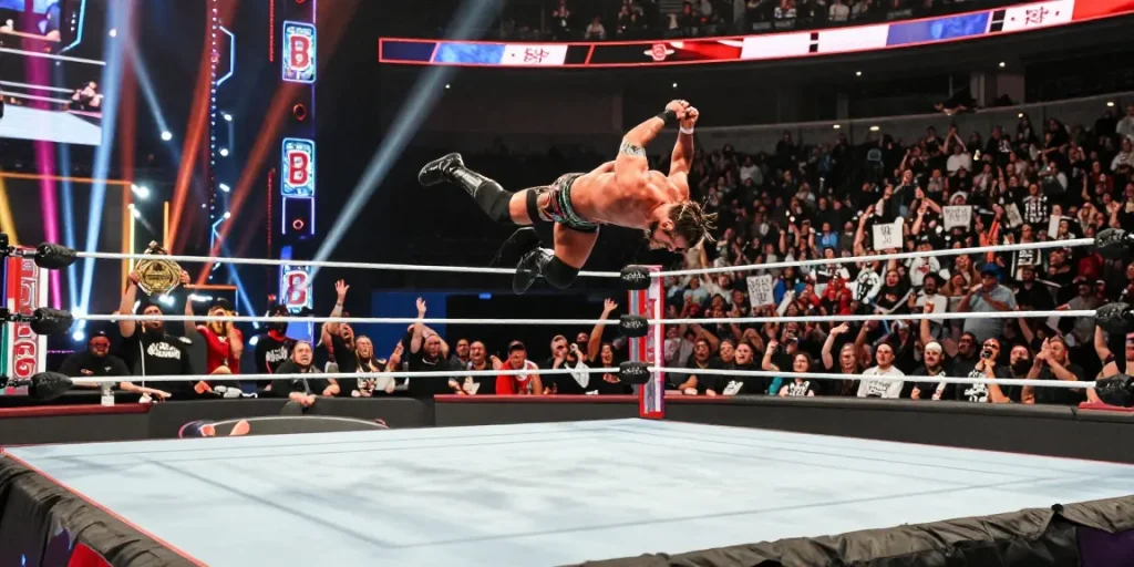 Roman Reigns title reign captured in a thrilling wrestling match with fans cheering