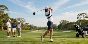 Golfer in stylish 골프웨어 레플리카 outfit swinging a club at a lush country club.