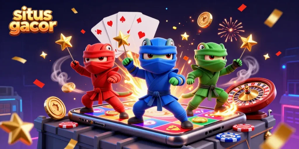 Synchronizing chameleons explore the situs gacor slot game with vibrant excitement in this colorful casino scene.