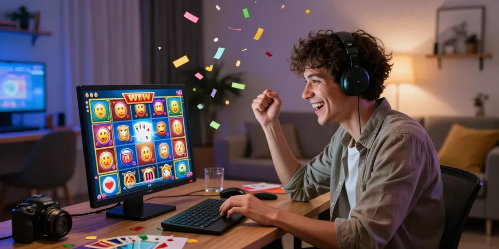 Joueur profitant d'une victoire de casino en ligne avec retrait instantané dans un environnement vibrant et chaleureux avec des icônes de jeux.
