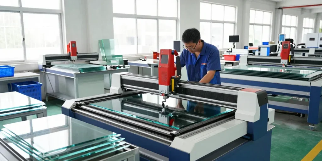 Technician using a cutting machine glass in a modern glass processing factory showcasing precision and technology.