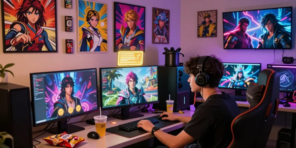 Engaging virtual social adventure scene with diverse avatars in Status AI.