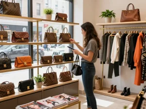 Exploring high-fashion 레플리카 사이트 for stylish handbags in vibrant urban boutique.