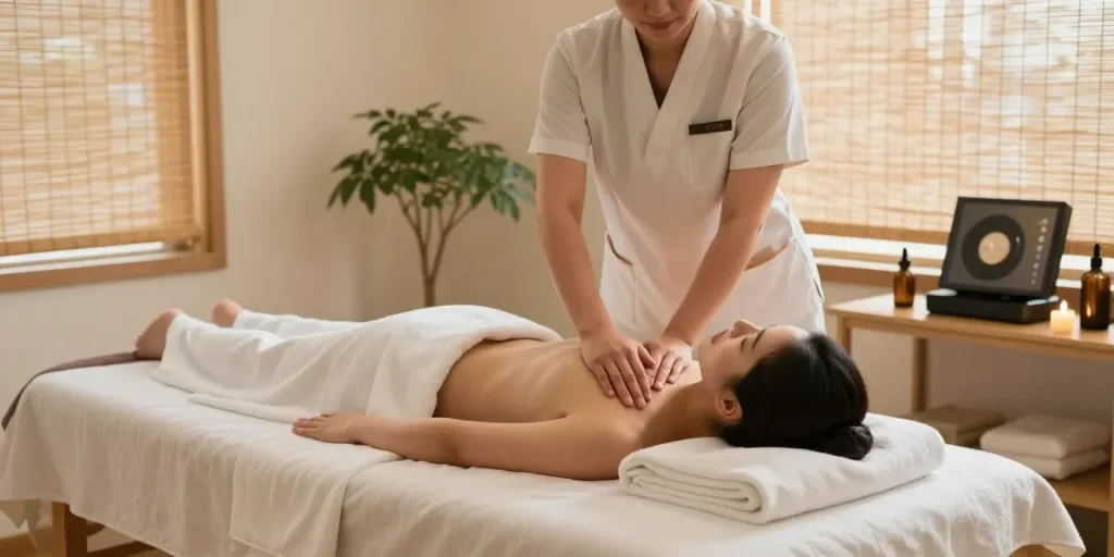 Relaxing atmosphere in a 1인샵 with soothing massage scene.