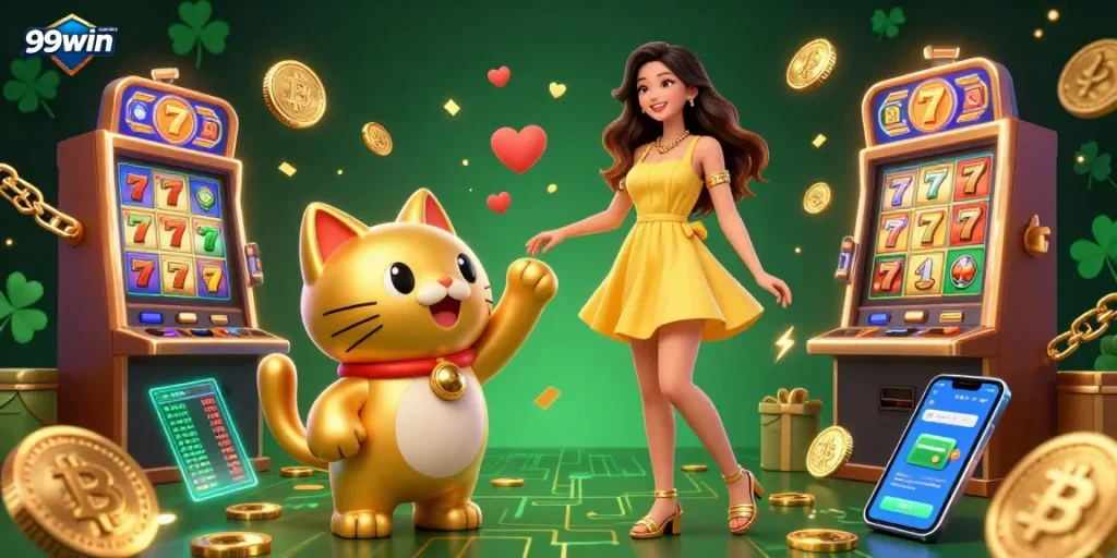 Engaging illustration promoting 99win com with vibrant gaming elements and a golden lucky cat mascot.