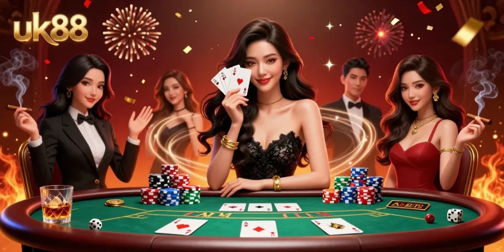 Experience thrilling moments at uk88 with an elegant woman dazzling in a casino setting.