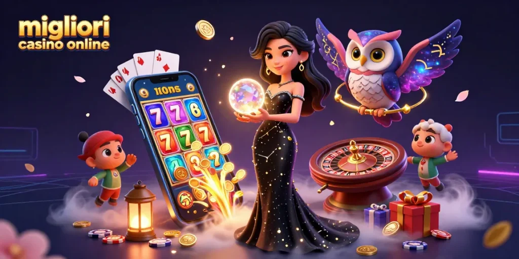 Scopri il mondo emozionante dei migliori casinò online con una straordinaria sfera di cristallo, giochi dinamici e un'atmosfera mistica.
