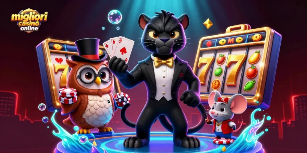 Vivi un'azione emozionante nei migliori casinò online con personaggi eleganti e elementi di casinò vibranti.