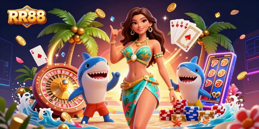 Engage in thrilling gameplay at RR88 with a vibrant casino scene featuring characters, coins, and exciting game elements.