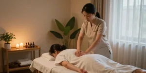 Relaxing Swedish massage therapy session in a peaceful spa setting with ambient lighting and soothing atmosphere.