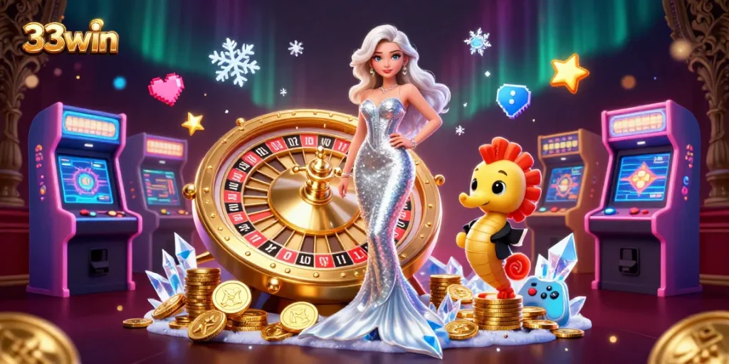 Experience the thrill of winning at 33win, with elegant characters by a roulette wheel and dynamic gaming elements.