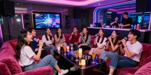 Enjoying a lively night at 강남 가라오케 with friends in stylish private rooms and vibrant atmosphere.